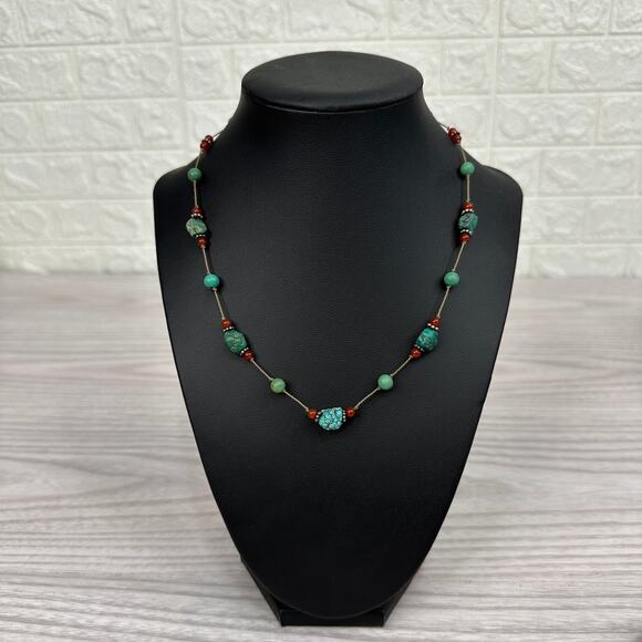Single Strand Handcrafted Beaded Boho Necklace Turquoise Stone and Red  Beads - Picture 1 of 3